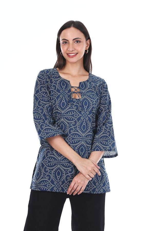 Bandh short kurti, indigo bandhani