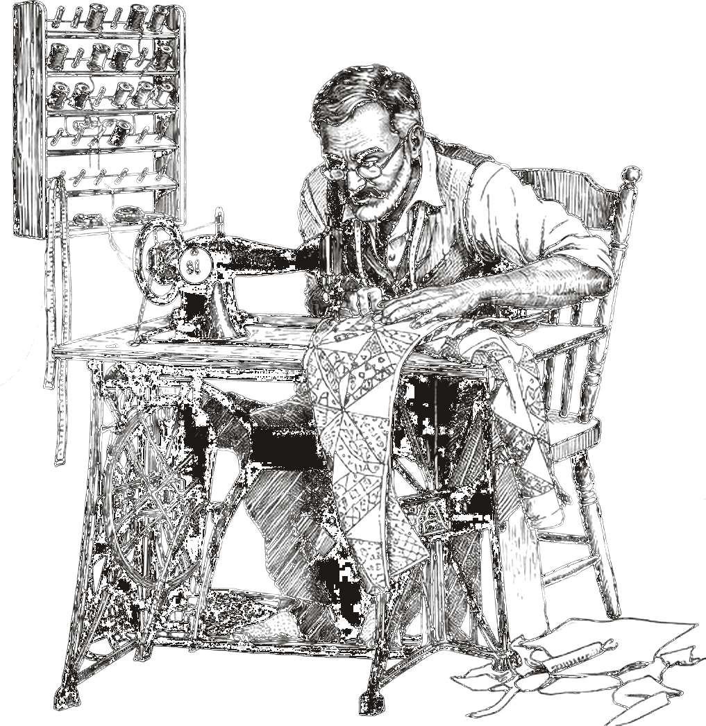 Illustration of a tailor at a sewing machine