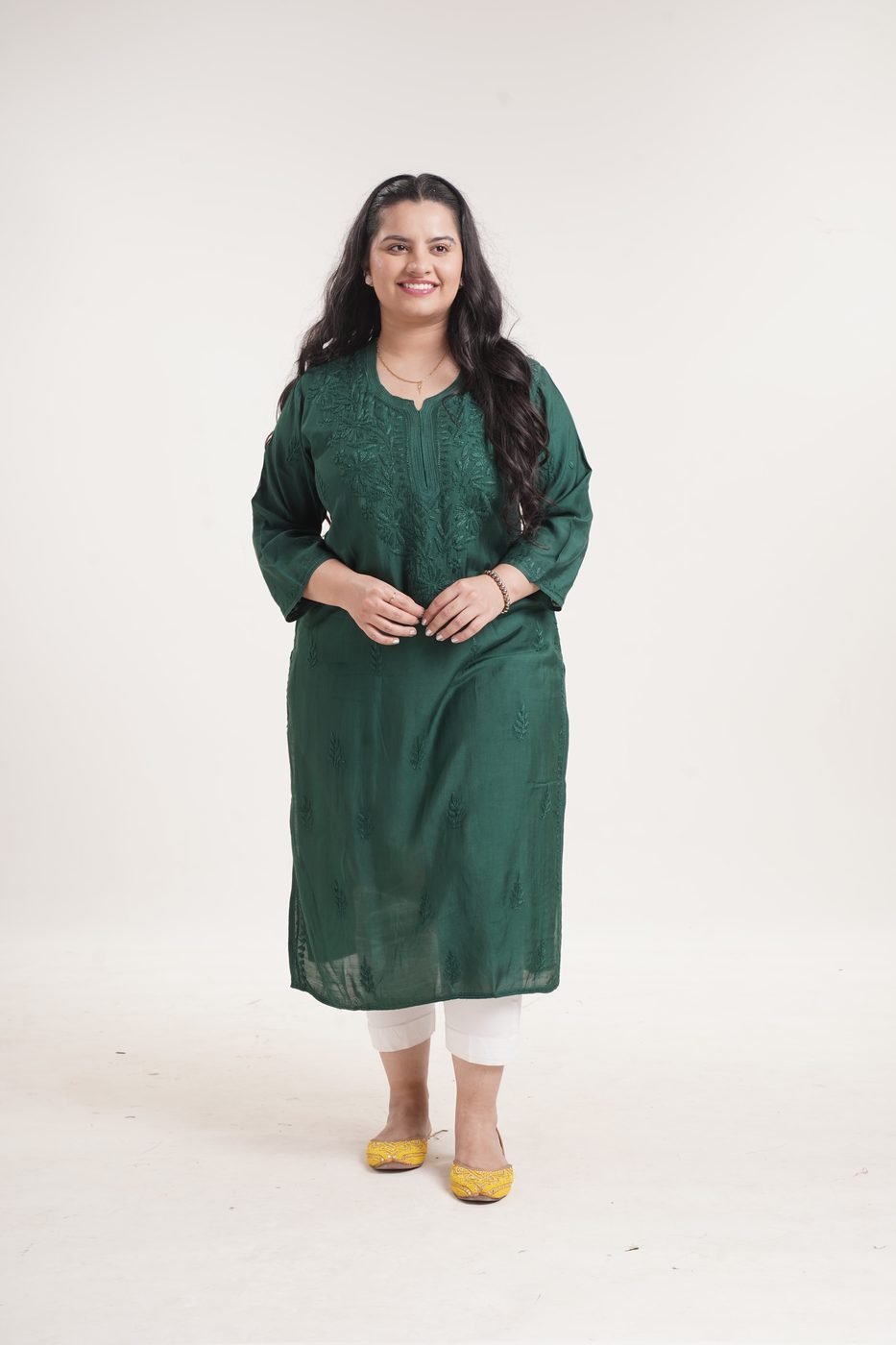 Handloom Floral Kurti — Olive Green