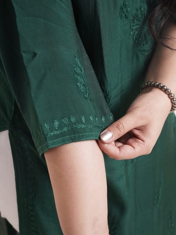 Handloom Floral Kurti — Olive Green image 3