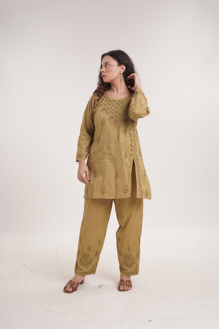 Pure Mulmul Co-ord Set — Mehndi Green