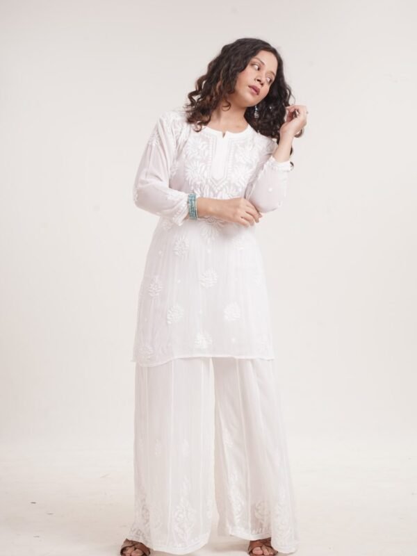 Viscose Short Kurti & Palazzo Set — Pearl White