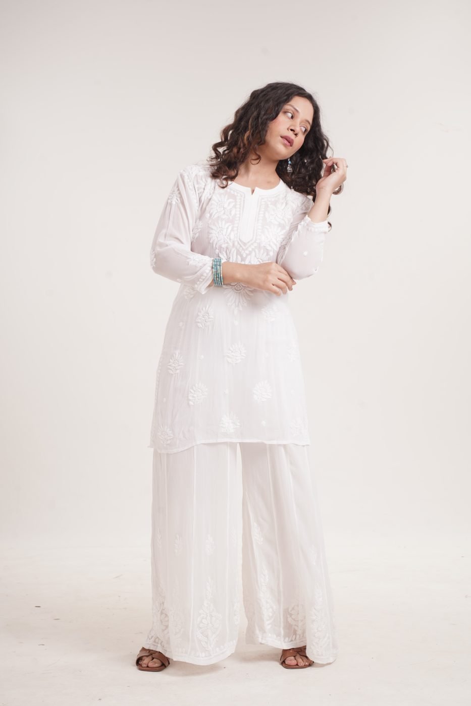 Viscose Short Kurti & Palazzo Set — Pearl White